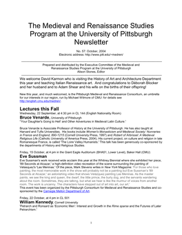 The Medieval and Renaissance Studies Program at the University of Pittsburgh Newsletter