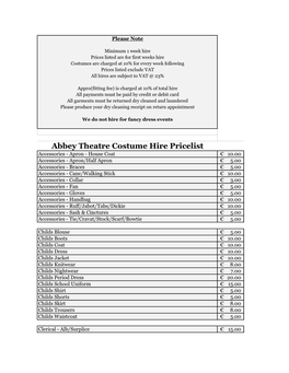 Abbey Theatre Costume Hire Pricelist