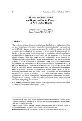 Threats to Global Health and Opportunities for Change: a New Global Health