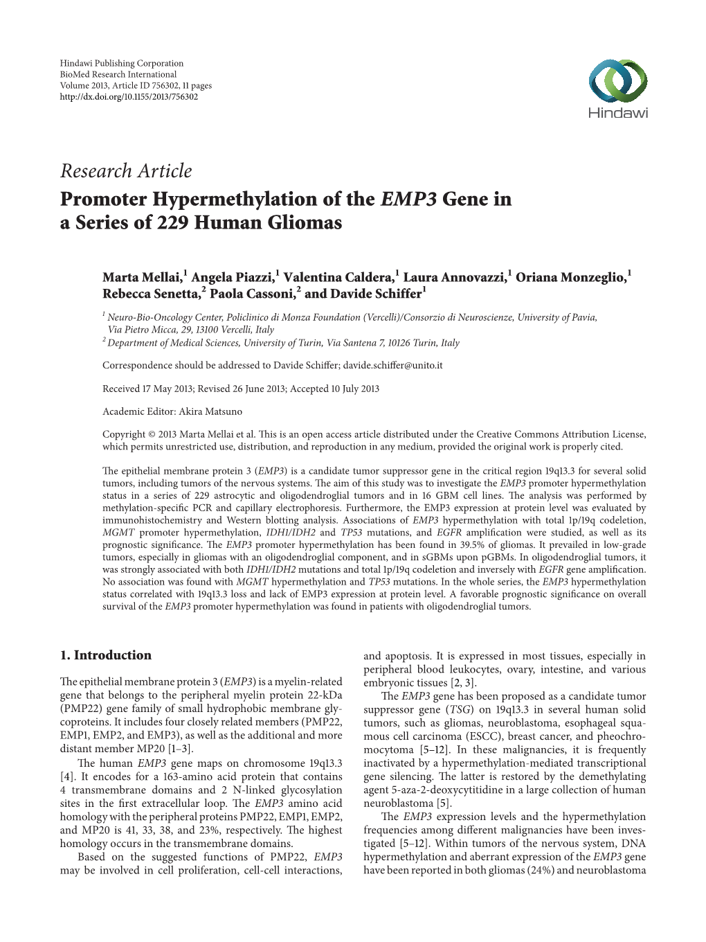 Promoter Hypermethylation of the EMP3 Gene in a Series of 229 Human Gliomas