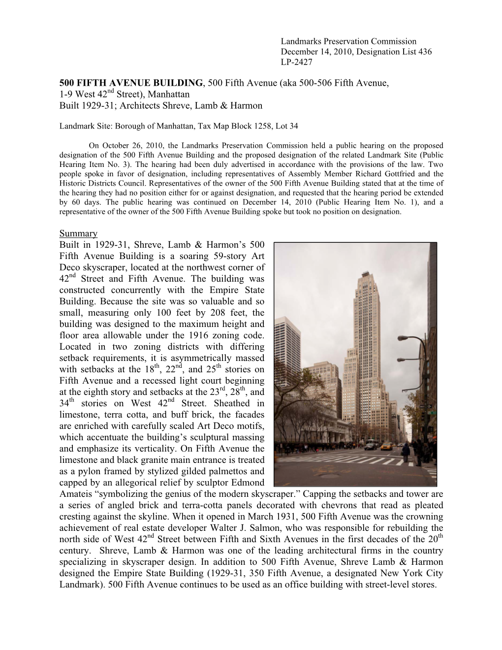 500 FIFTH AVENUE BUILDING, 500 Fifth Avenue (Aka 500-506 Fifth Avenue, 1-9 West 42Nd Street), Manhattan Built 1929-31; Architects Shreve, Lamb & Harmon