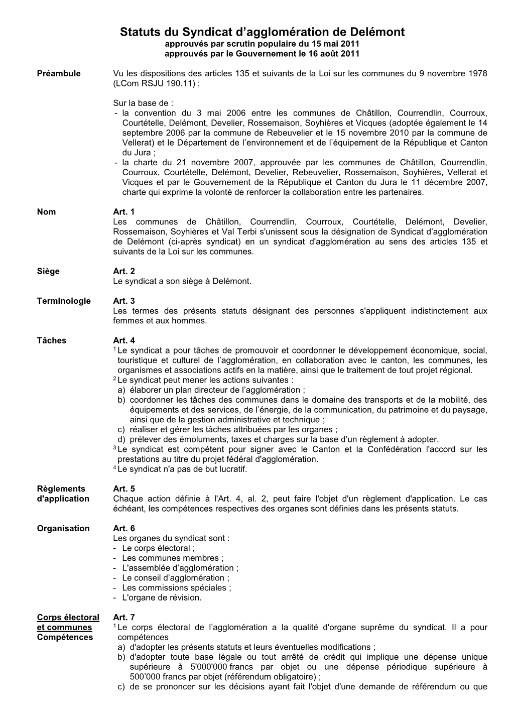 Statuts Du Syndicat D'agglomération De Delémont