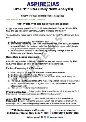 First World War and Nationalist Response