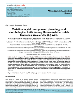 Variation in Yield Component, Phenology and Morphological Traits Among Moroccan Bitter Vetch Landraces Vicia Ervilia (L.) Wild