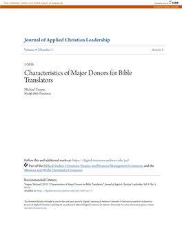 Characteristics of Major Donors for Bible Translators Michael Toupin Wycliffe Bible Translators