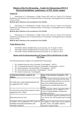Minutes of the Pre Bid Meeting – Tender for Outsourcing of HT/LT Electrical Installations Maintenance at NIT, Trichy Campus Tenders for 1
