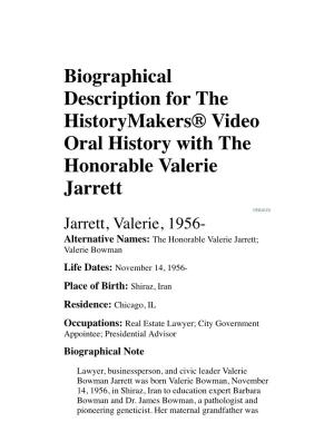 Biographical Description for the Historymakers® Video Oral History with the Honorable Valerie Jarrett