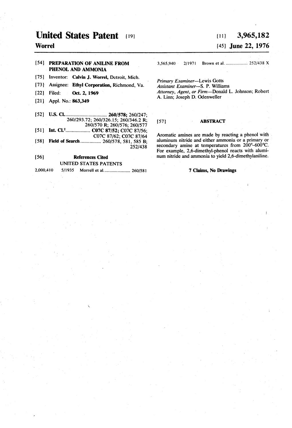 United States Patent (19) 11, 3,965, 182 Worrel (45) June 22, 1976