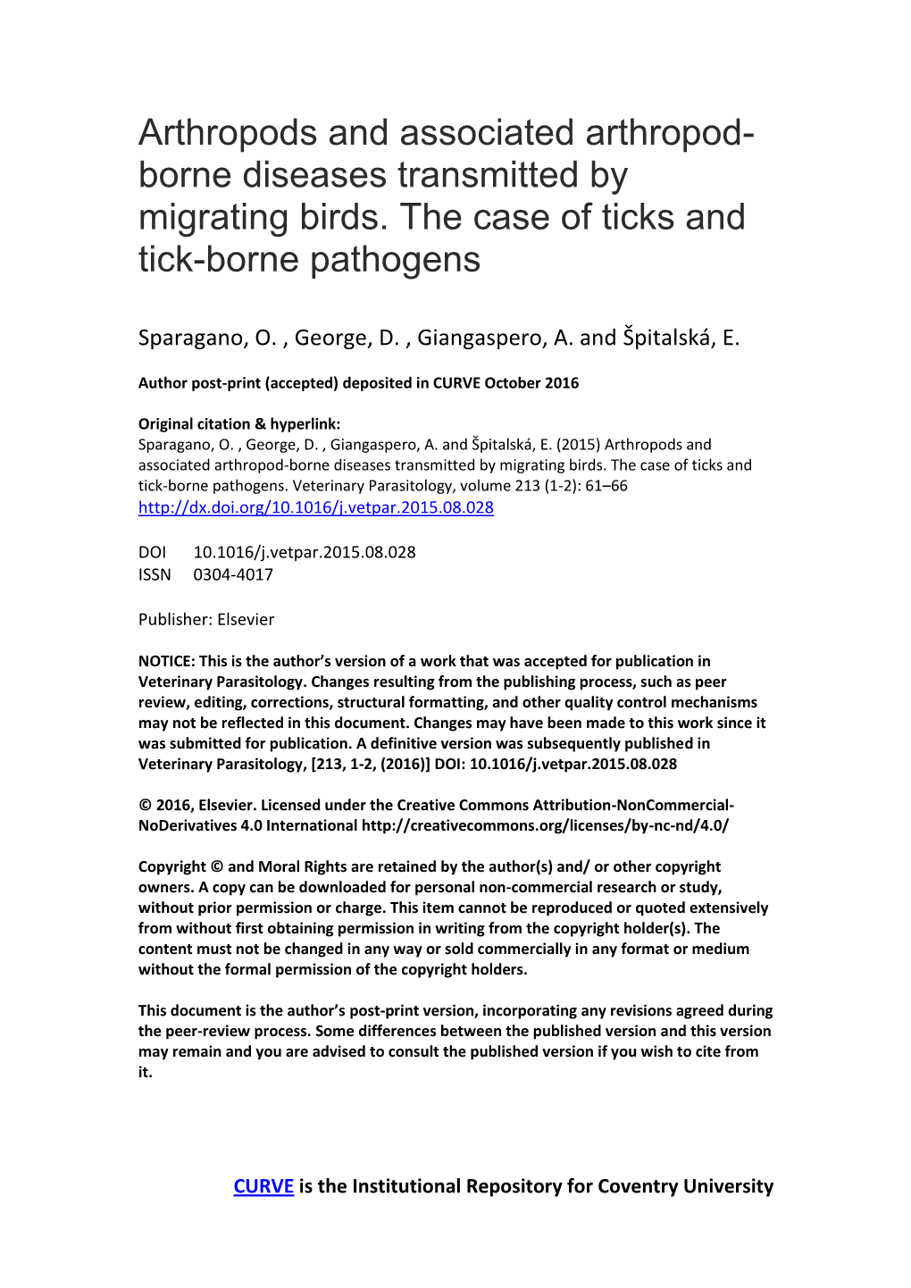 Borne Diseases Transmitted by Migrating Birds. the Case of Ticks and Tick-Borne Pathogens