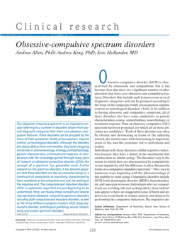 Obsessive-Compulsive Spectrum Disorders Andrea Allen, Phd; Audrey King, Phd; Eric Hollander, MD