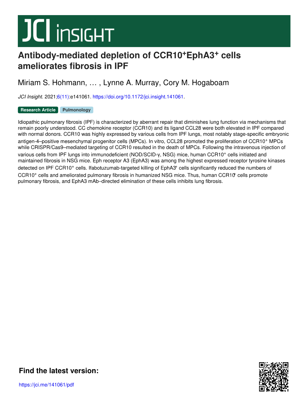 Antibody-Mediated Depletion of CCR10 Epha3 Cells Ameliorates