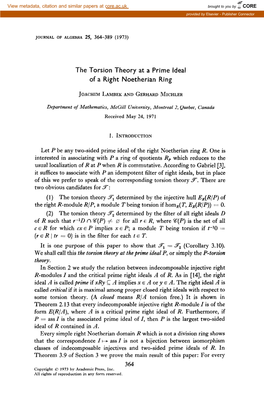 The Torsion Theory at a Prime Ideal of a Right Noetherian Ring