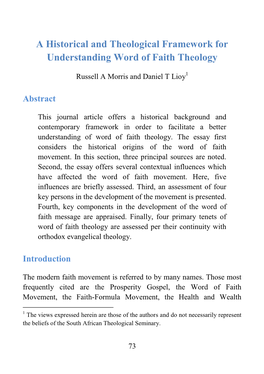 A Historical and Theological Framework for Understanding Word of Faith Theology