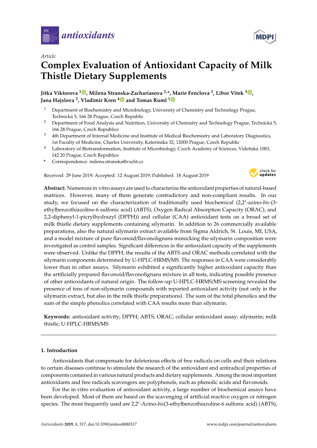 Complex Evaluation of Antioxidant Capacity of Milk Thistle Dietary Supplements