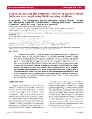 Fasting Potentiates the Anticancer Activity of Tyrosine Kinase Inhibitors by Strengthening MAPK Signaling Inhibition