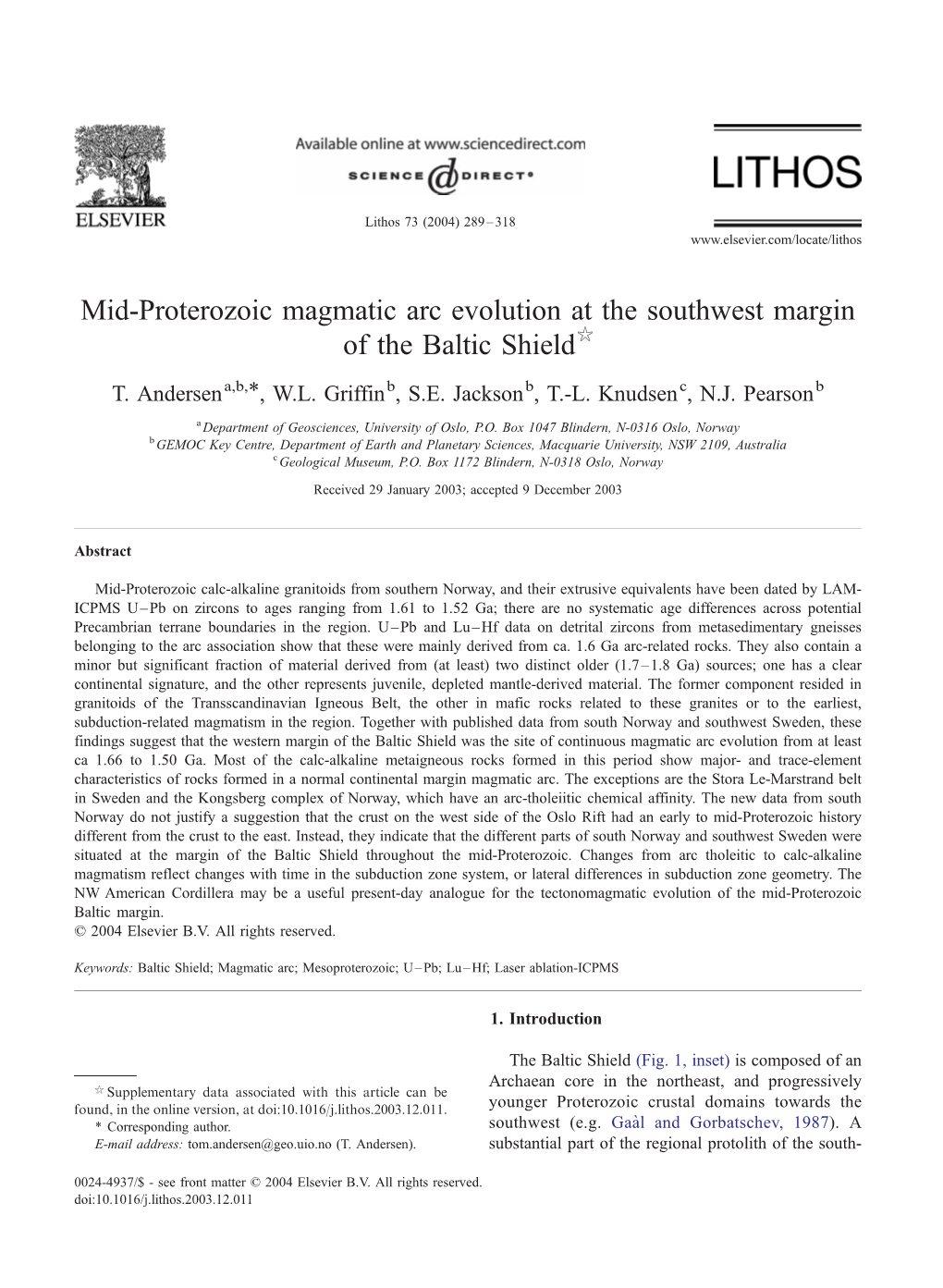 Mid-Proterozoic Magmatic Arc Evolution at the Southwest Margin of the Baltic Shield$