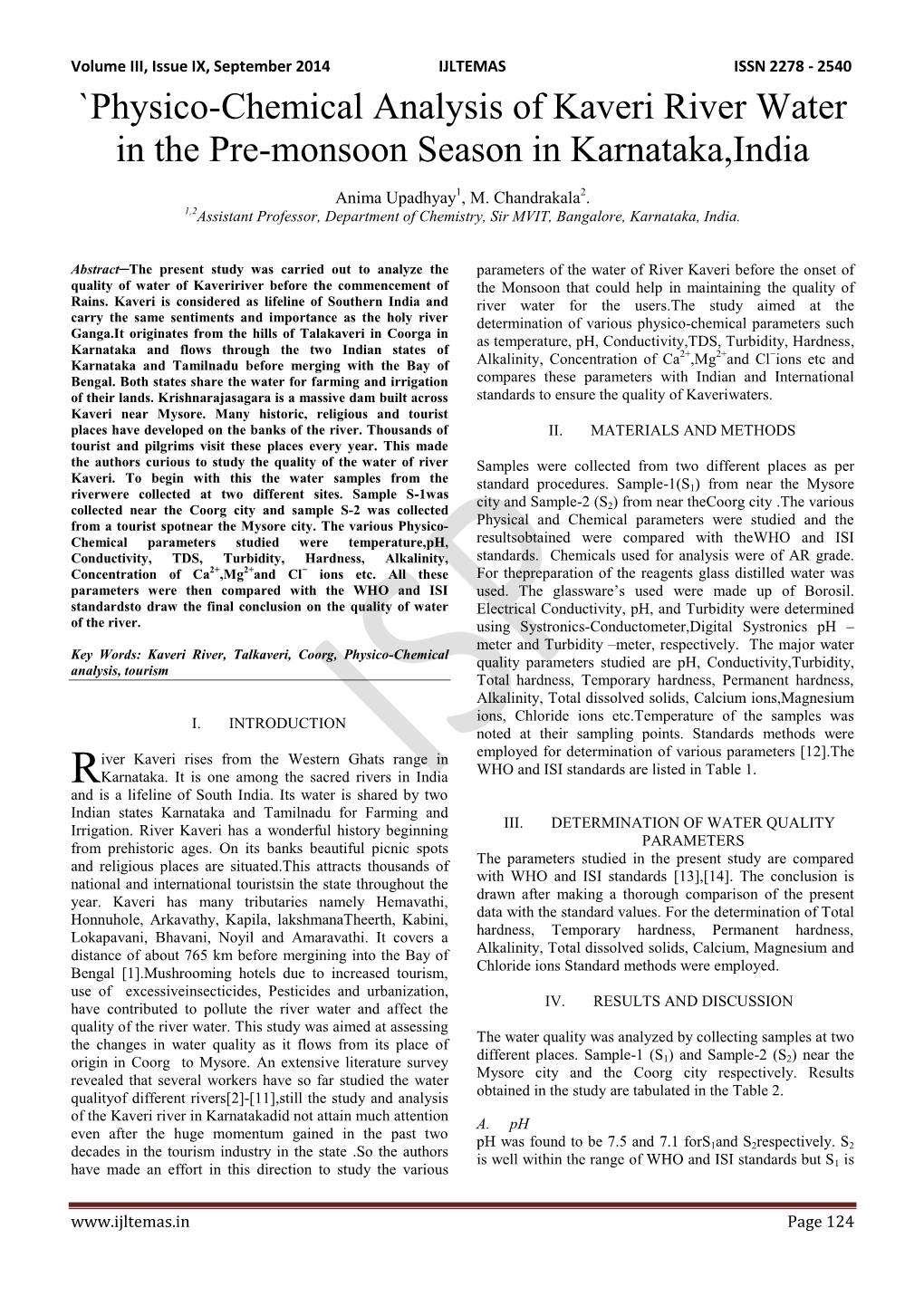 `Physico-Chemical Analysis of Kaveri River Water in the Pre-Monsoon Season in Karnataka,India