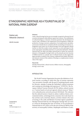 Ethnographic Heritage As a Touristvalue of National Park Djerdap