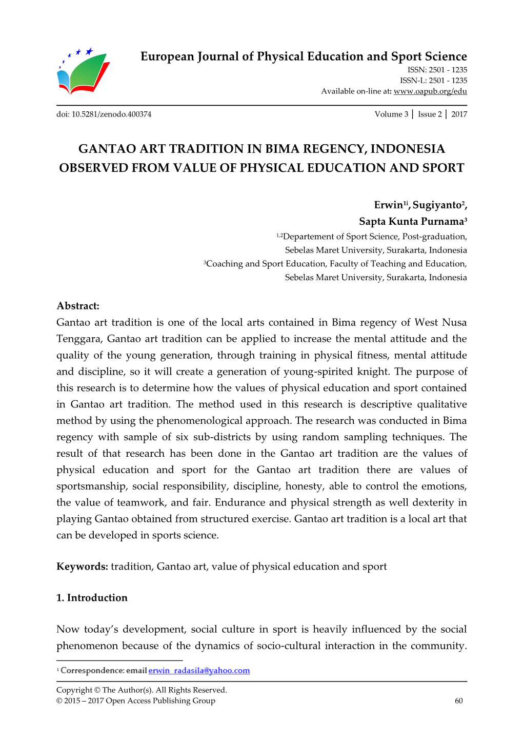 European Journal of Physical Education and Sport Science GANTAO ART TRADITION in BIMA REGENCY, INDONESIA OBSERVED from VALUE OF