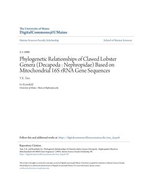 Phylogenetic Relationships of Clawed Lobster Genera (Decapoda : Nephropidae) Based on Mitochondrial 16S Rrna Gene Sequences Y