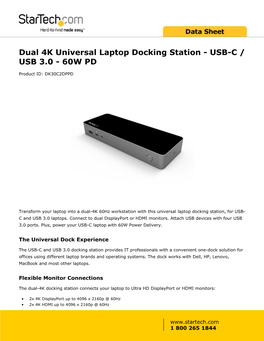 Dual 4K Universal Laptop Docking Station - USB-C / USB 3.0 - 60W PD