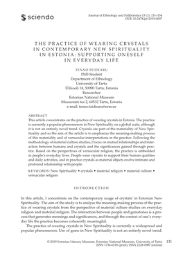 The Practice of Wearing Crystals in Contemporary New Spirituality in Estonia: Supporting Oneself in Everyday Life