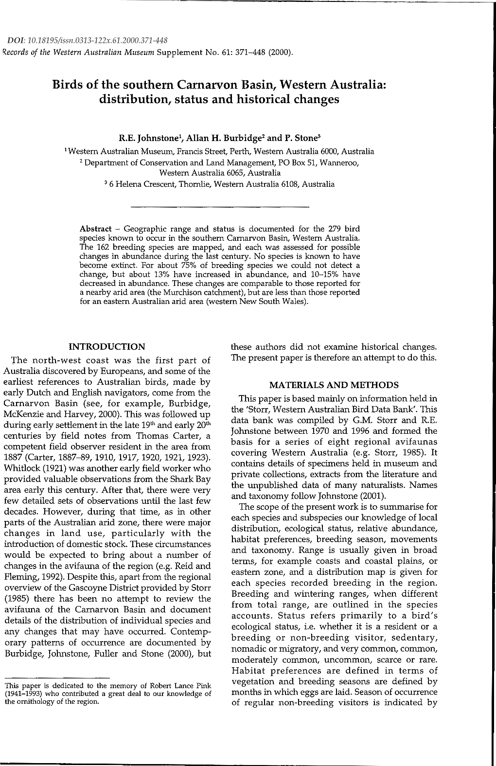 Birds of the Southern Carnarvon Basin, Western Australia: Distribution, Status and Historical Changes