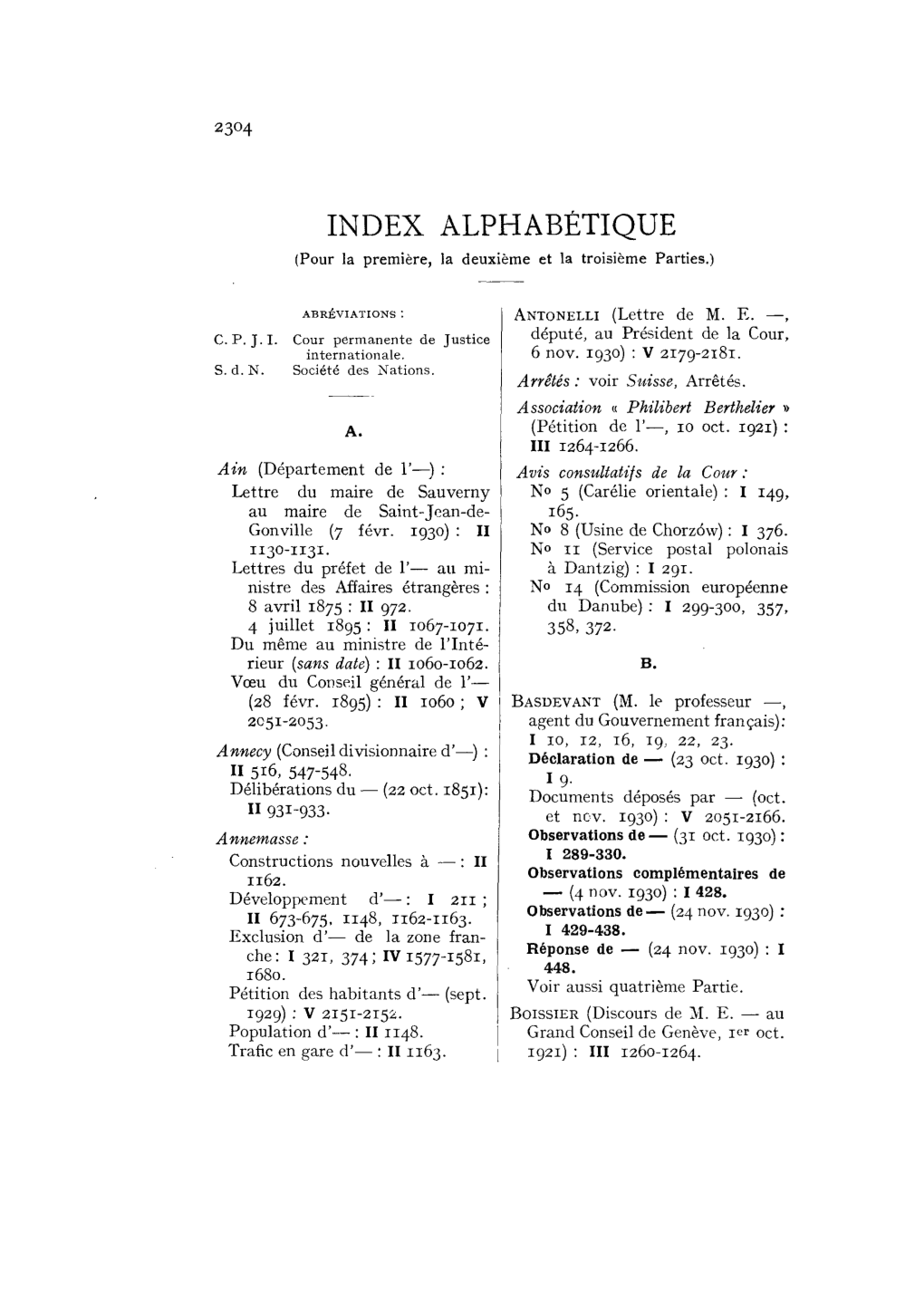 INDEX ALPHABÉTIQUE (Pour La Première, La Deuxième Et La Troisième Parties.)