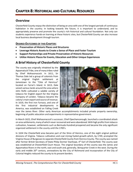 CHAPTER 8:HISTORICAL and CULTURAL RESOURCES Overview a Brief History of Chesterfield County
