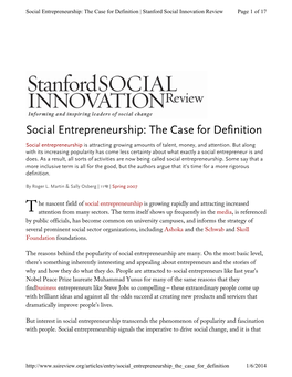 Social Entrepreneurship: the Case for Definition | Stanford Social Innovation Review Page 1 of 17