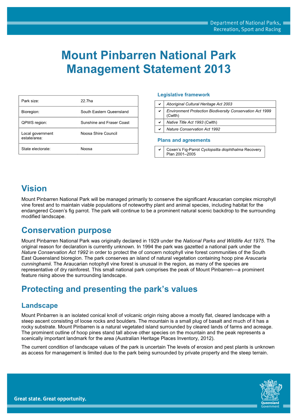 Mount Pinbarren National Park Management Statement 2013