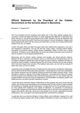 Official Statement by the President of the Catalan Government on the Terrorist Attack in Barcelona