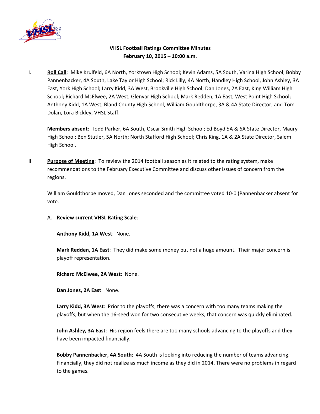 VHSL Football Ratings Committee Minutes February 10, 2015 – 10:00 A.M