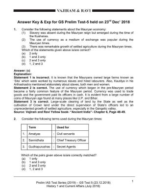 Answer Key & Exp for GS Prelim Test-5 Held on 23 Rd Dec' 2018
