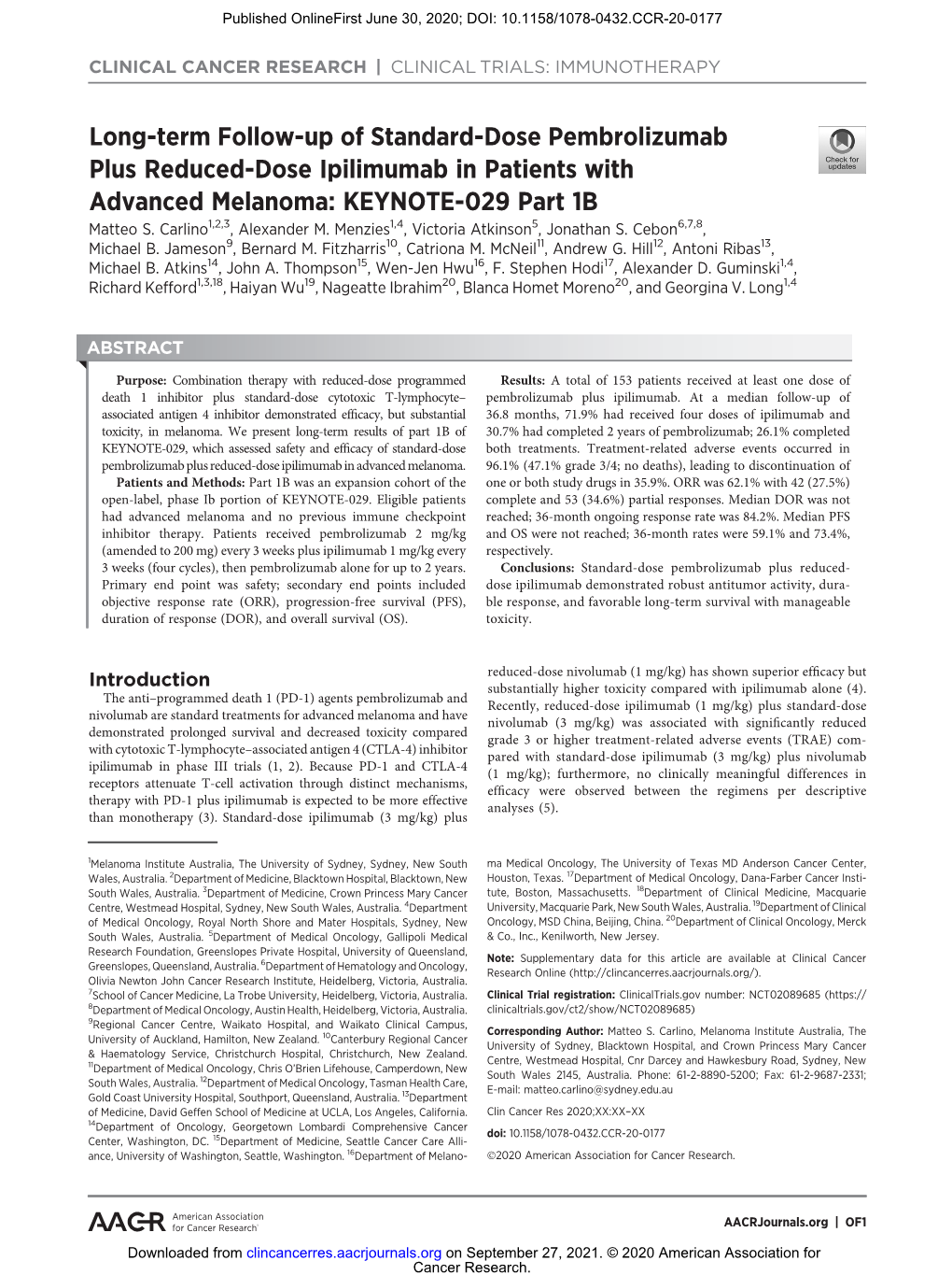 Long-Term Follow-Up of Standard-Dose Pembrolizumab Plus Reduced-Dose Ipilimumab in Patients with Advanced Melanoma: KEYNOTE-029 Part 1B Matteo S