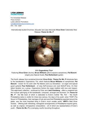 Internationally-Lauded Drummer, Educator and Jazz Advocate V​ Ince Ector C​ Elebrates New Release T​Heme for Ms