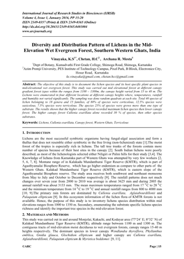Diversity and Distribution Pattern of Lichens in the Mid- Elevation Wet Evergreen Forest, Southern Western Ghats, India