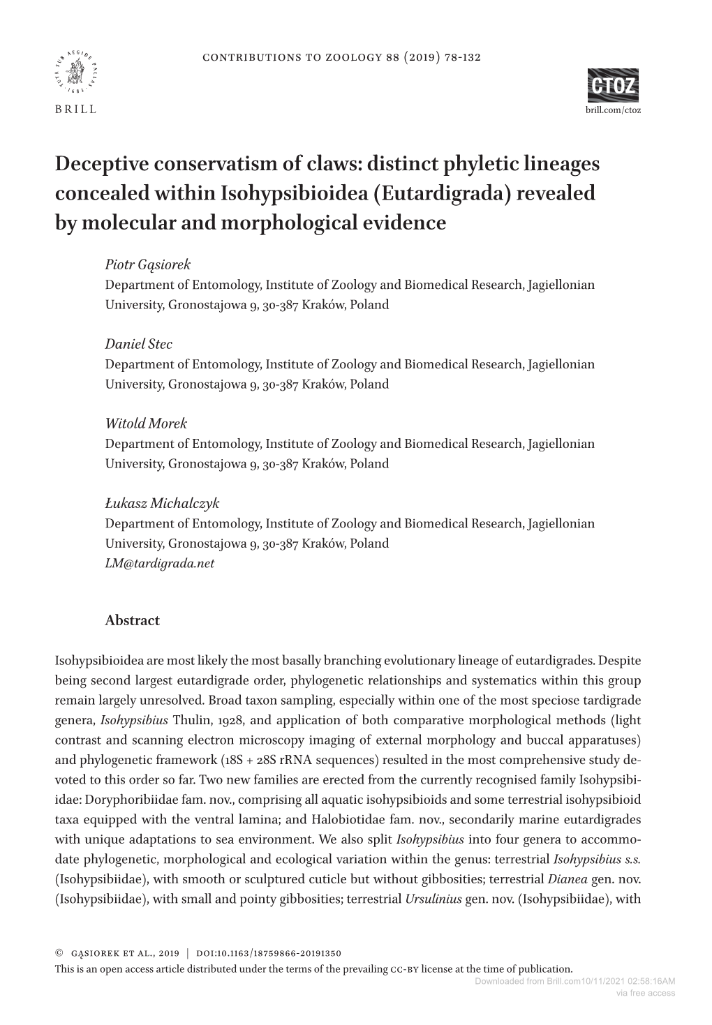 Deceptive Conservatism of Claws: Distinct Phyletic Lineages Concealed Within Isohypsibioidea (Eutardigrada) Revealed by Molecular and Morphological Evidence