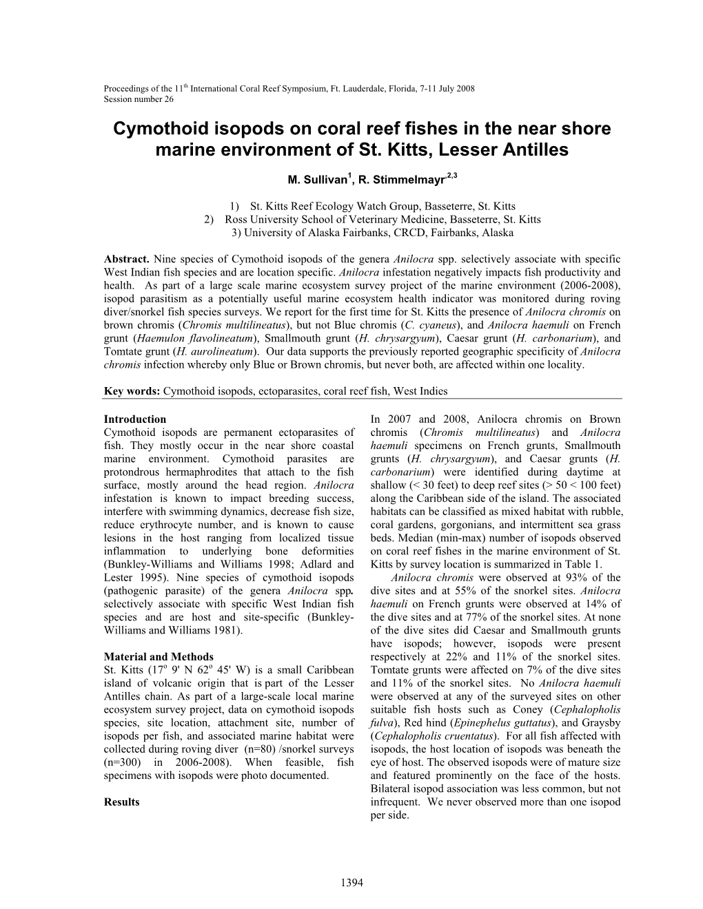 Cymothoid Isopods on Coral Reef Fishes in the Near Shore Marine Environment of St