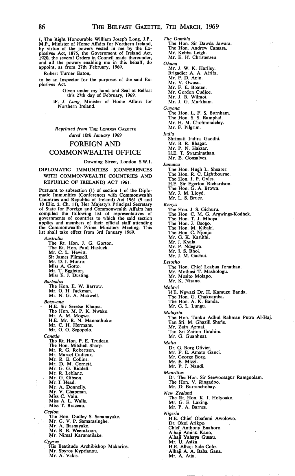 86 the Belfast Gazette, ?Th March, 1969 Foreign and Commonwealth Office