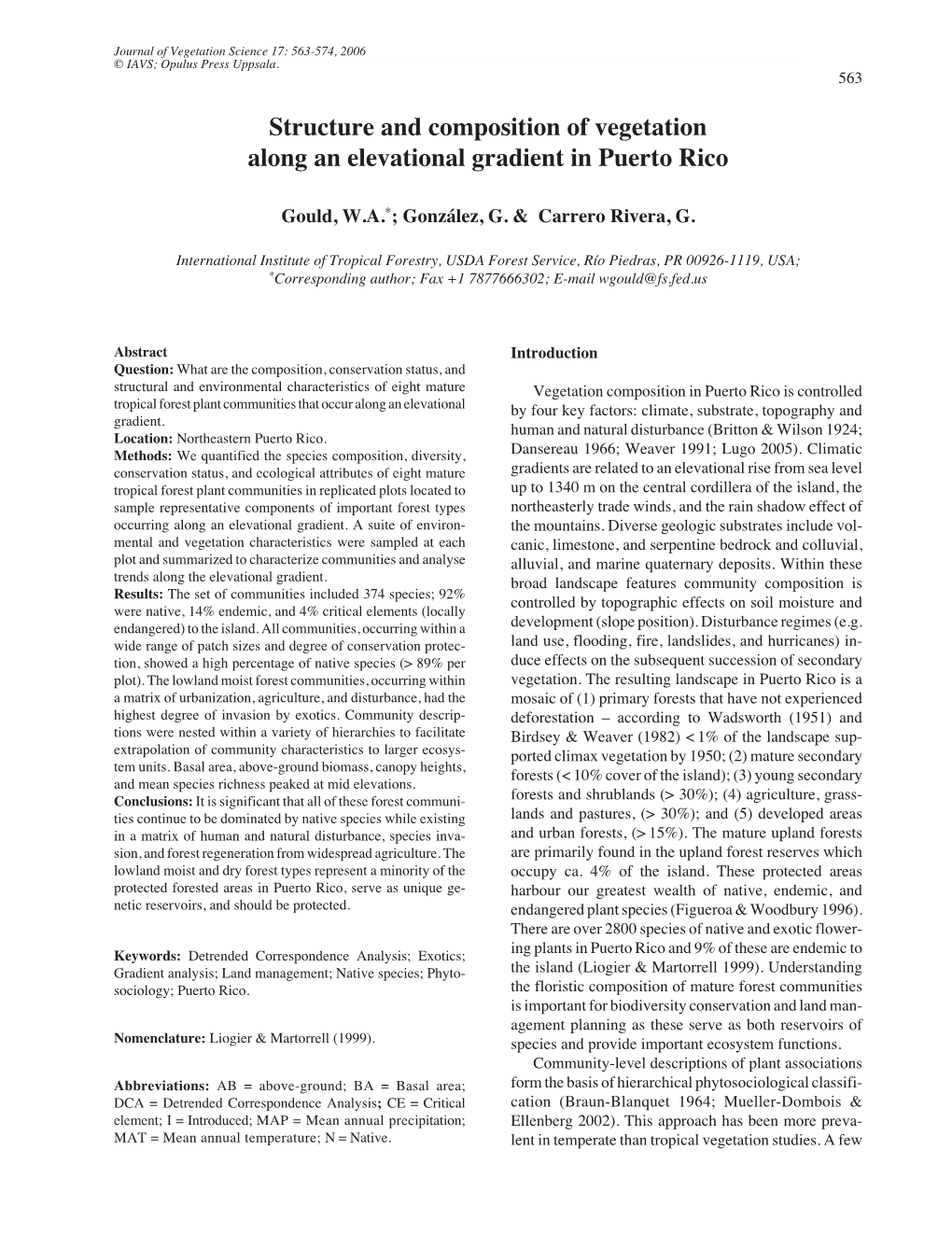 Structure and Composition of Vegetation Along an Elevational Gradient in Puerto Rico - 563