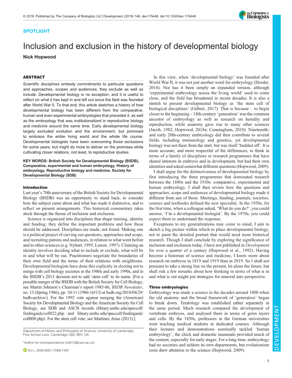 Inclusion and Exclusion in the History of Developmental Biology Nick Hopwood