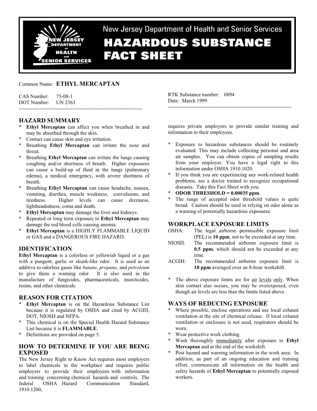 Ethyl Mercaptan Hazard Summary Identification