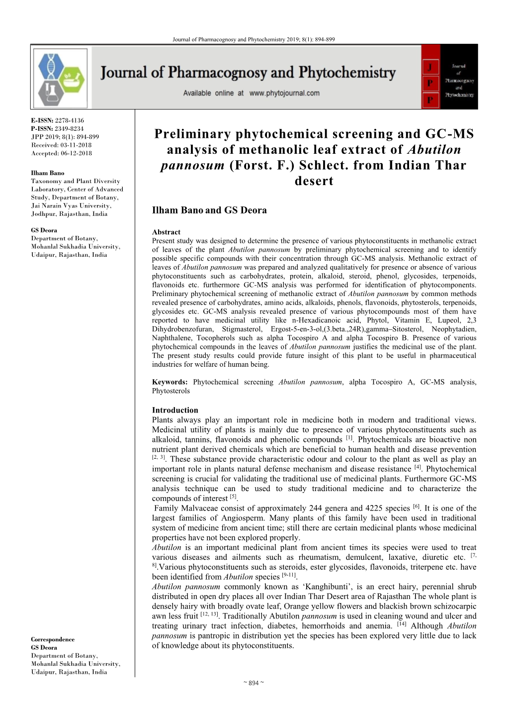 Preliminary Phytochemical Screening and GC-MS Analysis of Methanolic Leaf Extract of Abutilon Pannosum