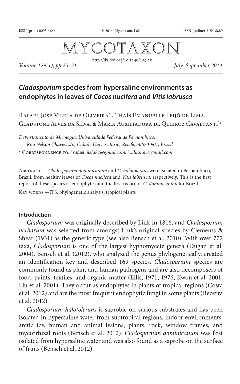 &lt;I&gt;Cladosporium&lt;/I&gt; Species from Hypersaline