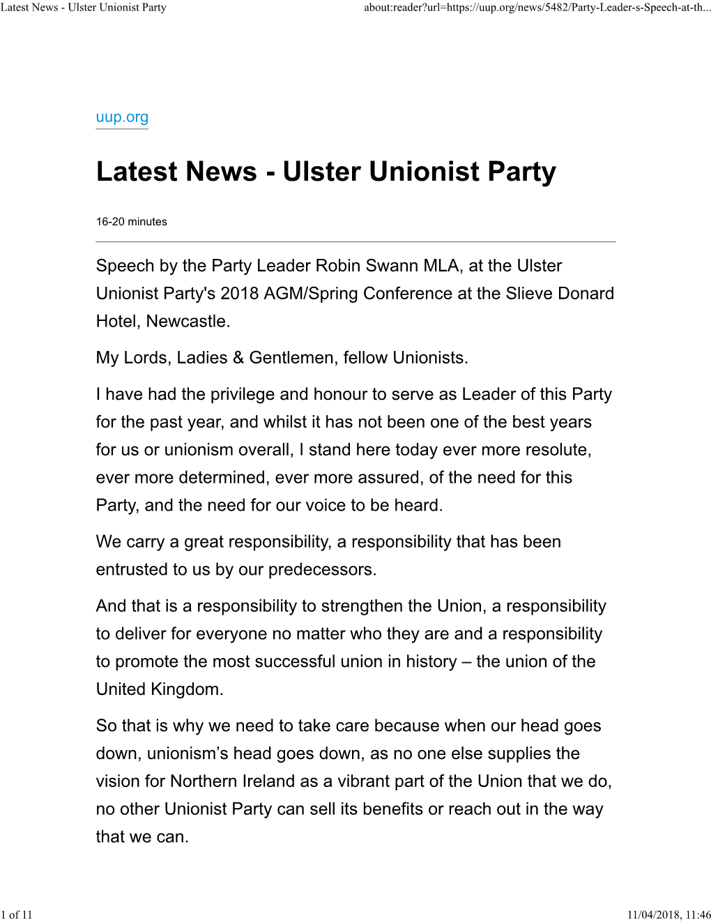 Leader's Speech at the UUP Conference