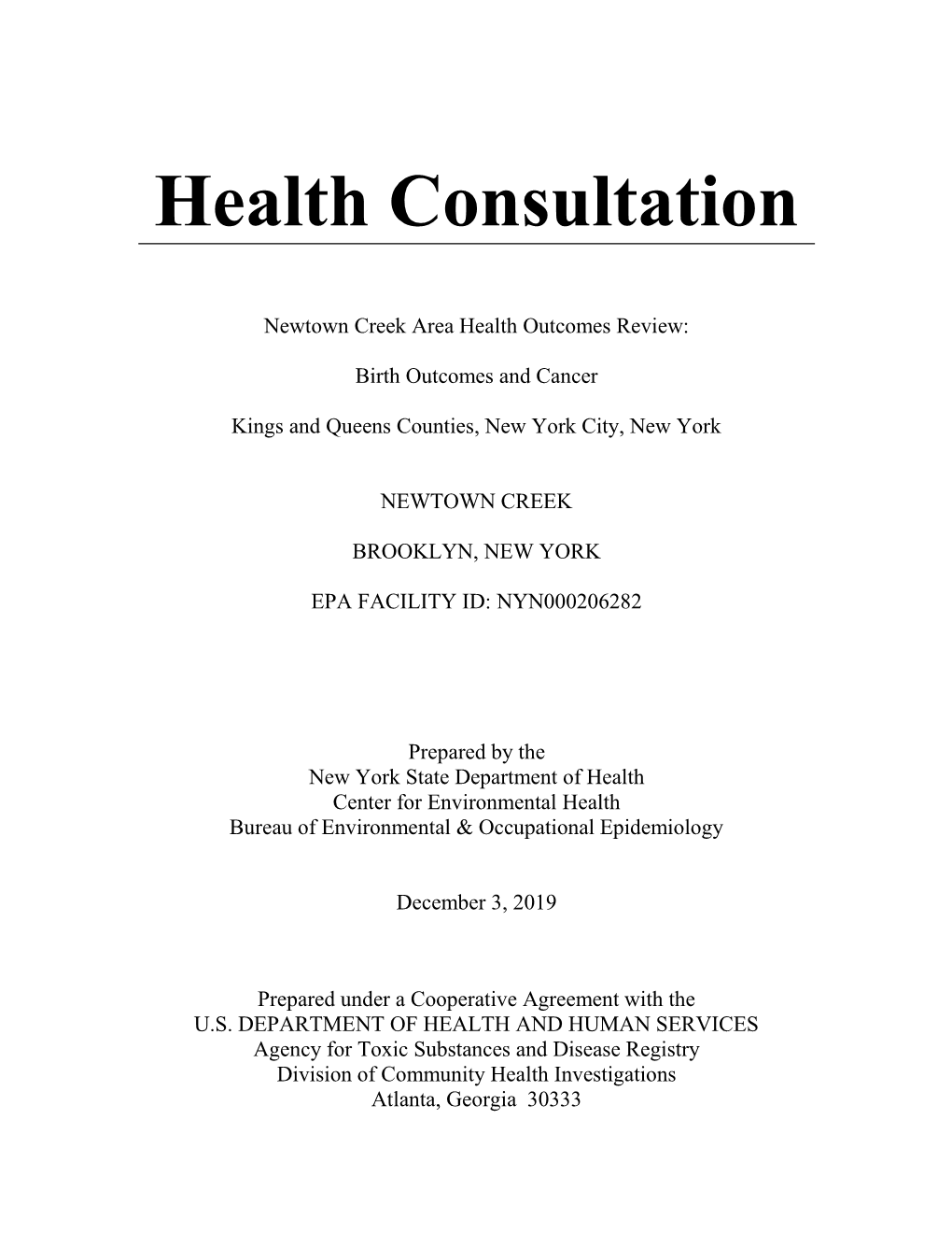 Health Consultation Newtown Creek Kings and Queens Counties