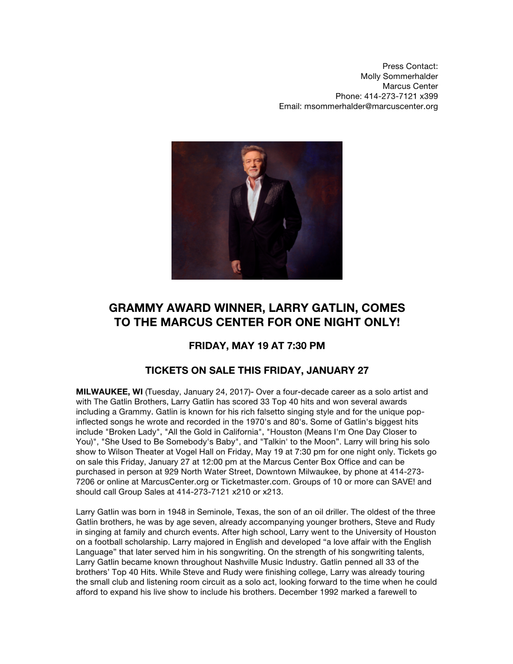 Grammy Award Winner, Larry Gatlin, Comes to the Marcus Center for One Night Only!