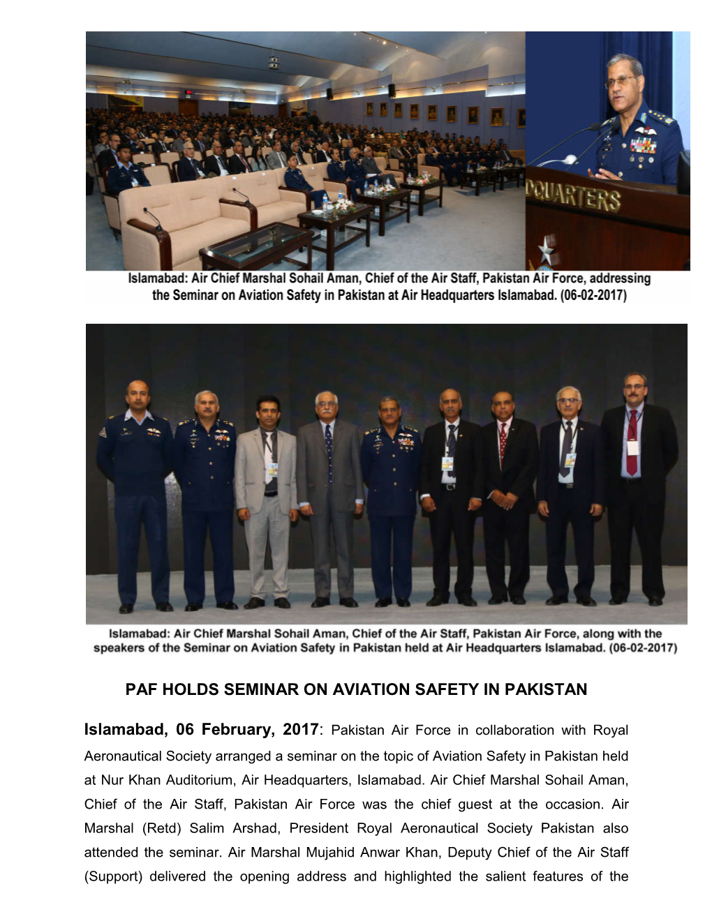 Paf Holds Seminar on Aviation Safety in Pakistan
