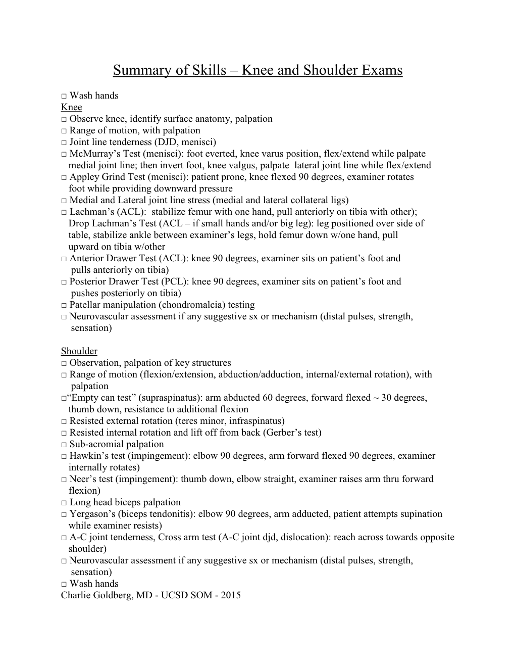 Summary of Skills – Knee and Shoulder Exams